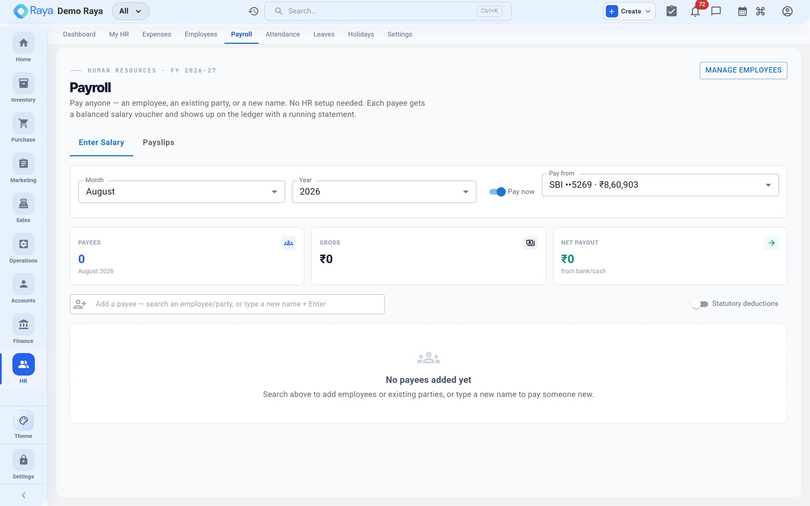 The Payroll screen