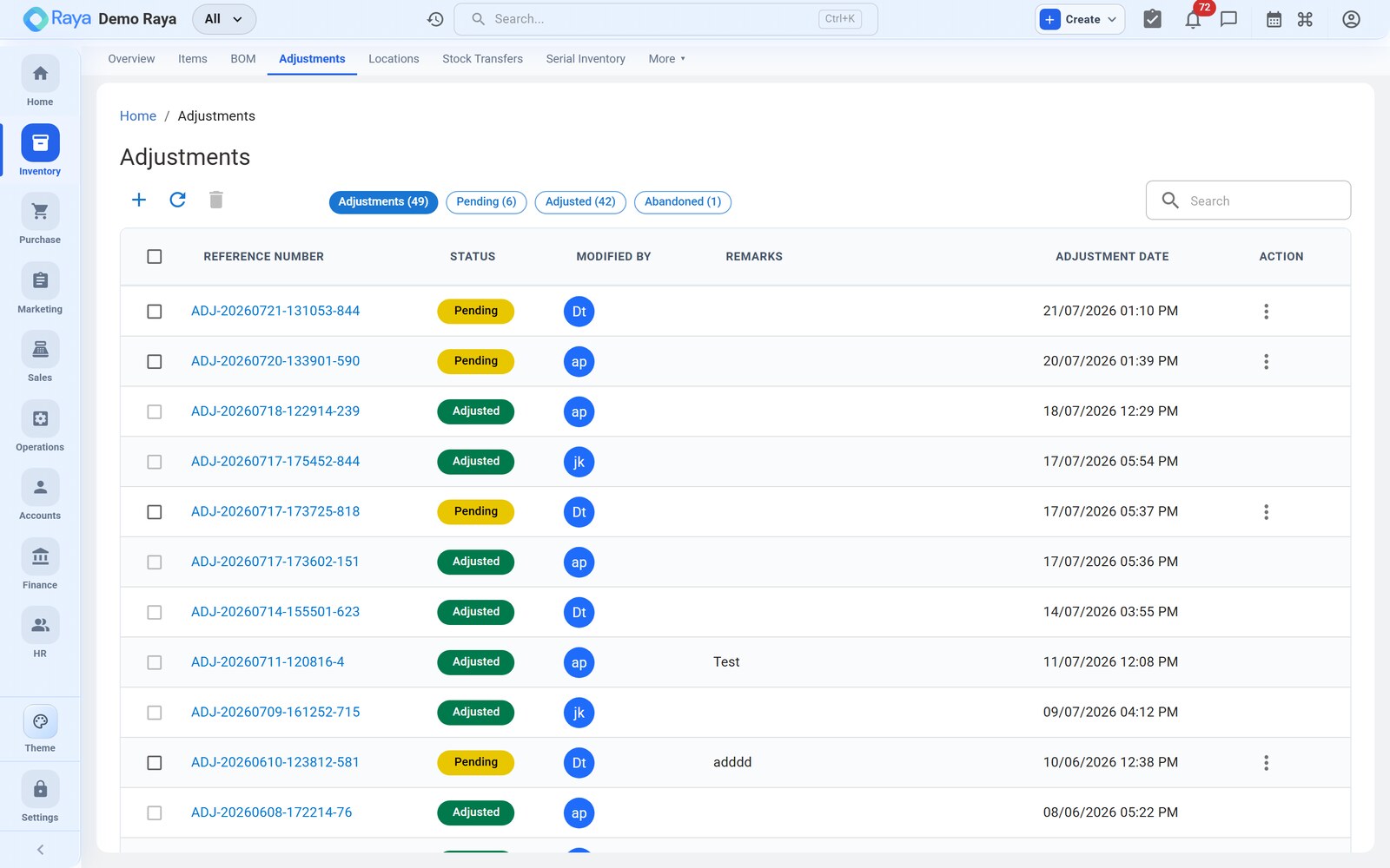 Creating a stock adjustment with reason codes